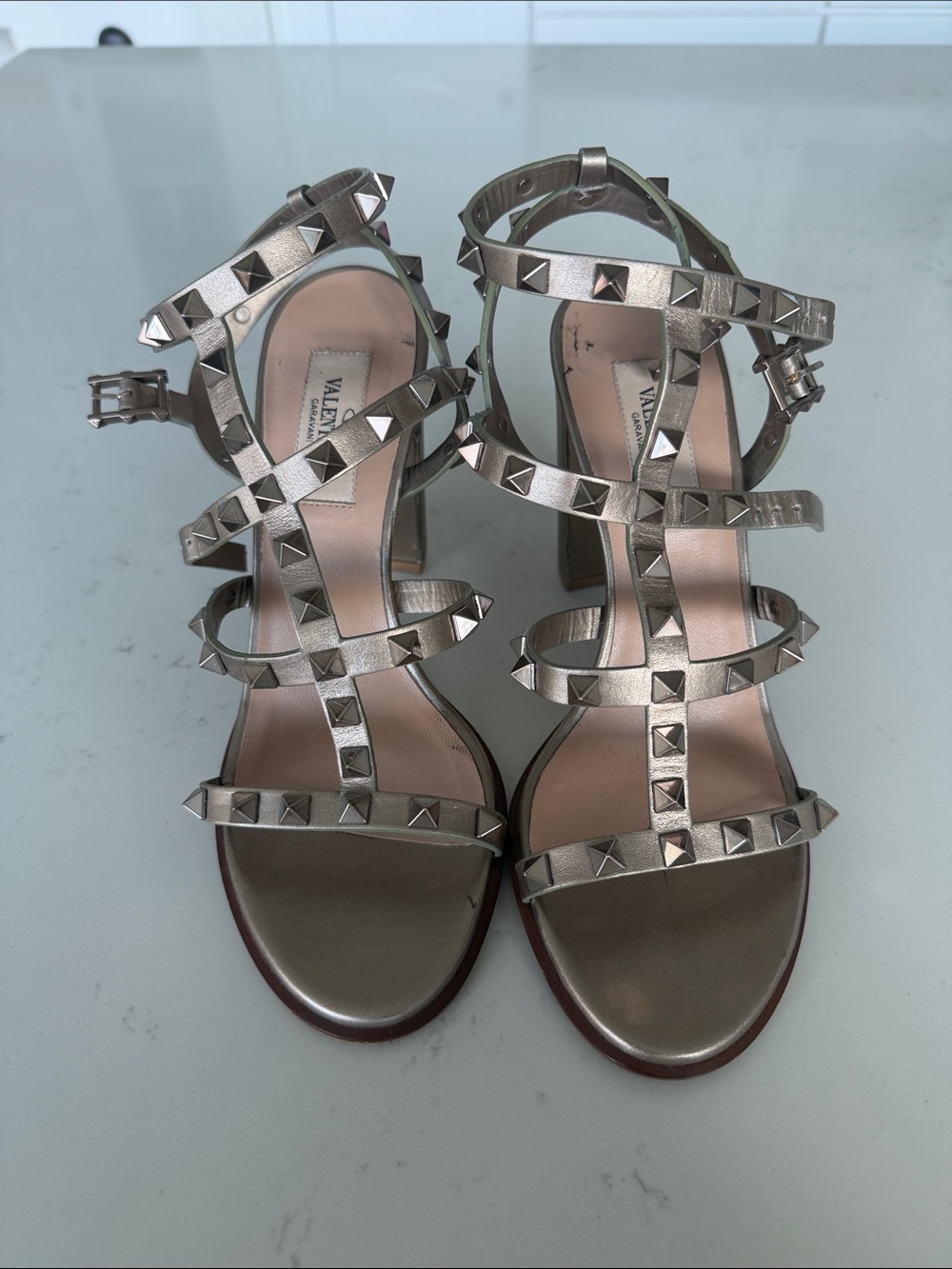 Valentino Metallic Silver Pyramid-Stud Strappy Heels